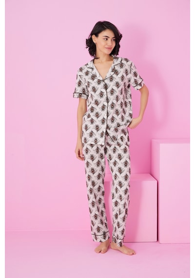 Siyah İnci Love Kalp Desenli Kısa Kollu Düğmeli Biyeli Pijama Takım7854 Bej Melanj