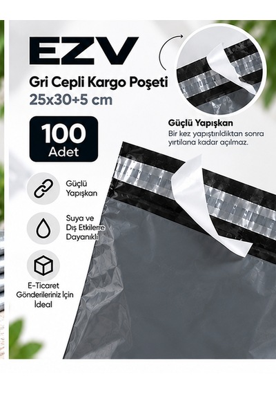Gri Cepli Kargo Poşeti 25x30+5 Cm 100 Adet