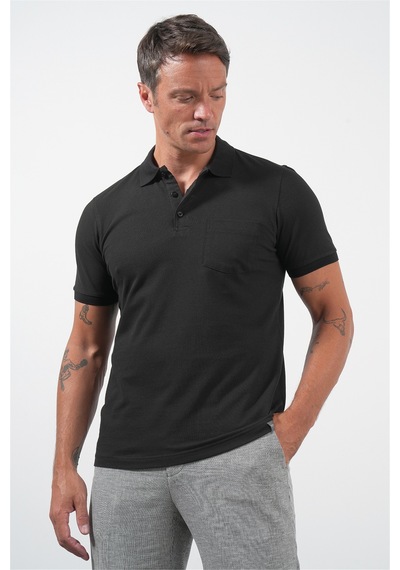 İmza Siyah Polo Yaka Kısa Kol Cepli Comfort Fit Pamuklu Tişört 1011260155