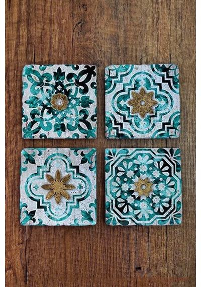 Doğal Taş Bardak Altlığı Tile Desen Baskılı 10x10cm Stone Coasters 4'lü Set Çok Renkli