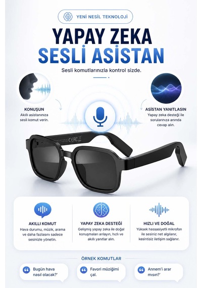 Akıllı Güneş Gözlüğü Yapay Zeka Sesli Asistan Uv400 Koruma Su Geçirmez Siyah