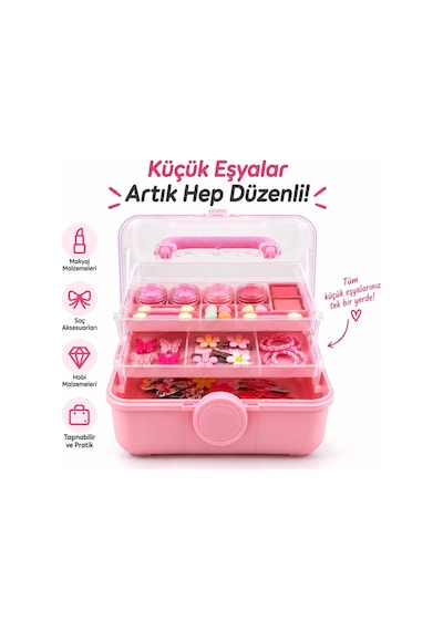 Çocuk Makyaj& Takı& Toka Organizeri Otomatik Açılır Katlı Çok Bölmeli Taşınabilir Kutu Pembe