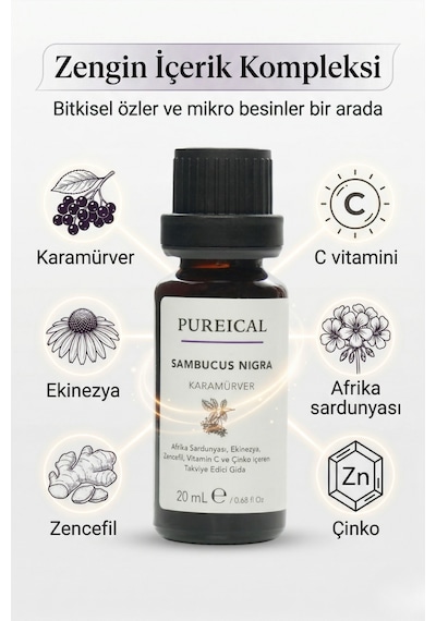 Pureıcal Sambucus Nigra Karamürver Pelargonium Ekinezya Zencefil C Vitamini Çinko 20 Ml