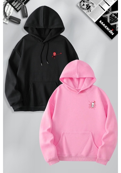 Macklin Sevgili Çift Kombin Spiderman Ve Kız Ağ Baskılı Özel Tasarım Kapüşonlu Sweatshirt 2li Set Takım Siyah Pembe Mck1235 Çok Renkli