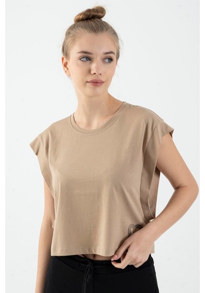Maraton Regular Kadın Bisiklet Yaka Açık Vizon Crop Top Vizon