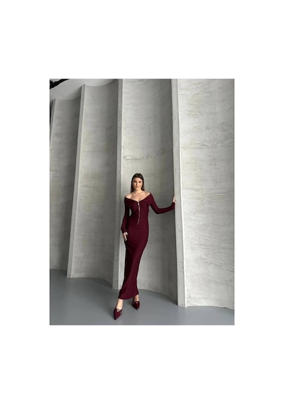 Asur Boutique Asur Butik Yarı Fermuarlı Ottoman Kumas Elbise Bordo