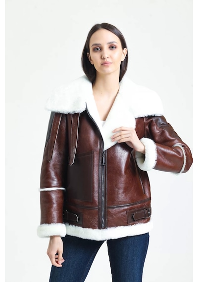 M M Marki Marki Kadın Kahverengi Vintage Deri Mont, Beyaz Kürklü, Balıkçı Yaka, Oversize, Şık Ve Sıcak - 105222