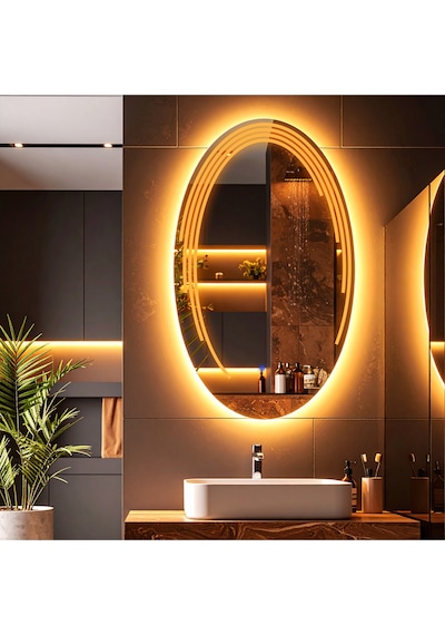 Elliptika Amber Led'li Lazer Kumlamalı Lavabo & Banyo Aynası Dokunmatik Sensörlü 70 X 45 Turuncu
