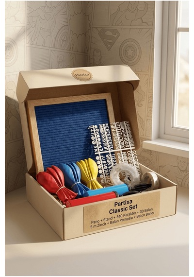 Süper Kahraman Doğum Günü Süsleme Classic Set Koyu Mavi Keçe Yazı Panosu Standlı Balon Zincirli Tüm Yaşlar