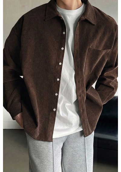 Genius Store Erkek Gömlek Fitilli Kadife Oversize Gömlek Yaka Cepli Uzun Kollu Ceket Gömlek Kahverengi