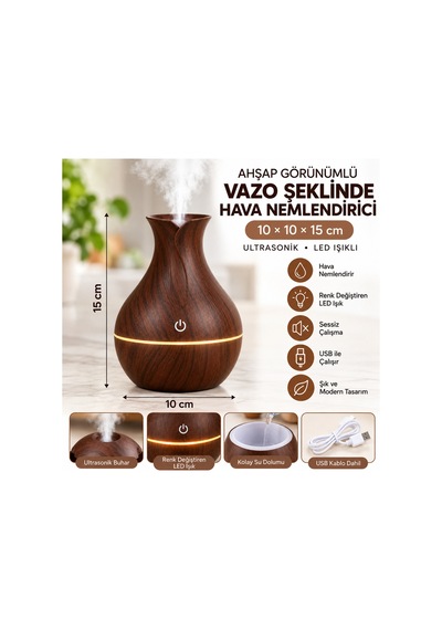 Ahşap Görünümlü Ultrasonik Hava Nemlendirici Aroma Difüzör Led Işıklı Usb Vazo Koyu Kahve Ahşap Görünümlü Ultrasonik Hava Nemlendirici Aroma Difüzör Led Işıklı Usb Vazo Koyu Kahve