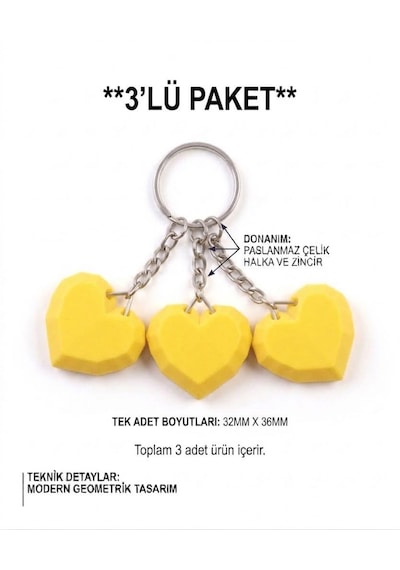 3'lü Geometrik Kalp 3d Anahtarlık & Çanta Süsü Sarı