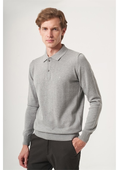 İmza Gri Polo Yaka Uzun Kol Örme Comfort Fit Pamuklu Kazak 1012265150