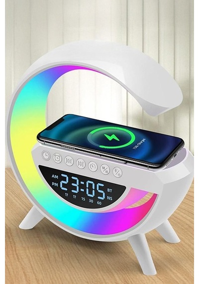 G Harfi Şeklinde Dijital Saat Kablosuz Şarj Rgb Gece Lambası Bluetooth Hoparlör Çok Amaçlı İstasyon
