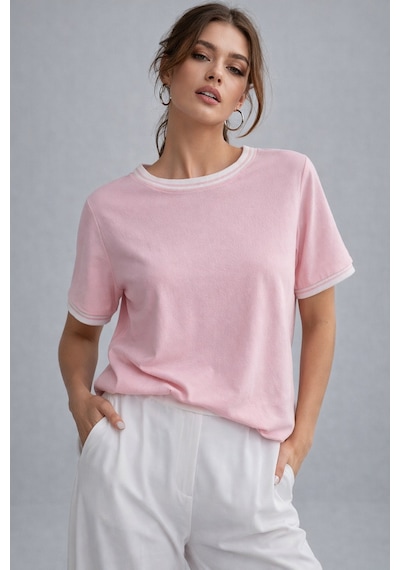 Kadın Pembe Bisiklet Triko Yaka Kısa Kollu Basic T-shirt Pembe
