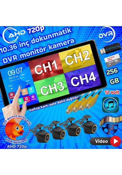 Balık Gözü 4 Adet Ahd 720p 170'' Kamera Ve Dokunmatik 10.36'' Video Müzik Dvr Ekran 12 V 256 Gb