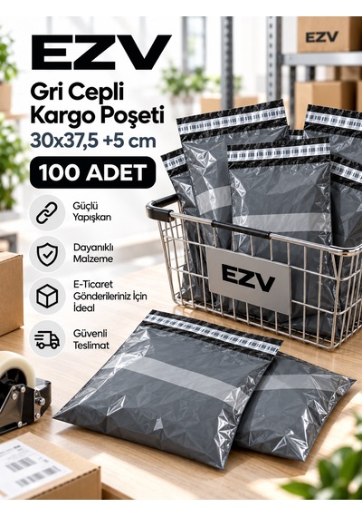 Gri Cepli Kargo Poşeti 30x37,5 +5 Cm 100 Adet