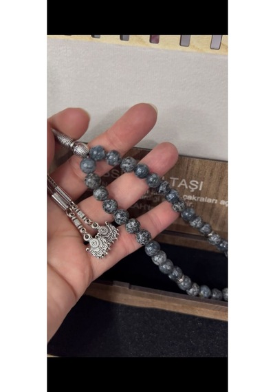 Doğal Obsidyen Taşı Tesbih 33 Lü Gümüş Renk İmameli Doğal Taş
