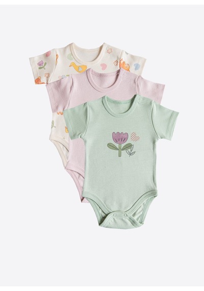 KitiKate Organik Cute Bunny 3'lü Kısa Kol Body Pembe
