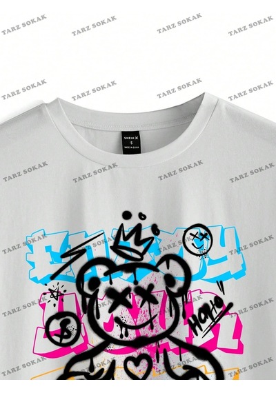 Startmore Unisex Bay Desen Baskılı Düşük Omuzlu T-shirt Kod-1334 Beyaz
