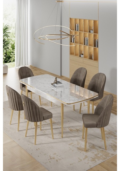 Canisa Rada Serisi 80x132 Açılabilir Lak Panel Beyaz Mermer Desen Masa 6 Cappucino Sandalye Gold Detay Masa Beyaz Mermer Desen Sandalye Cappucino