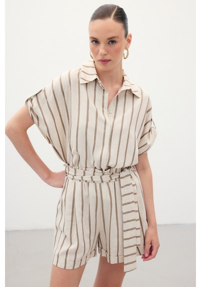 Sateen Kısa Kollu Keten Karışımlı Gömlek - Camel-136368 CAMEL
