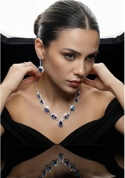 Accessories Hürrem Model Mavi Taşlı Kolye Küpe Takı Seti Gerdanlık - Gelin Düğün Nişan Abiye Set Gümüş - Mavi