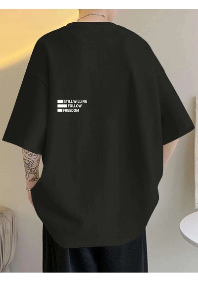 Unisex Siyah Oversiz Still Follow Freedom Baskılı Örme T-shirt Siyah-53460