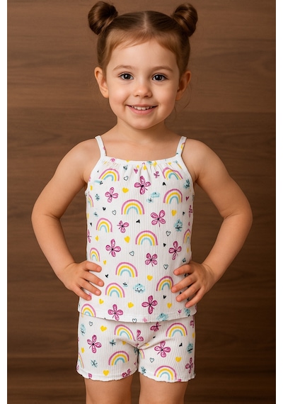 Fuar Baby Askılı %100 Pamuk Kaşkorse Şortlu Kız Çocuk Takımı 1-5 Yaş Gökkuşağı Desenli Fuar Baby Askılı %100 Pamuk Kaşkorse Şortlu Kız Çocuk Takımı 1-5 Yaş Gökkuşağı Desenli