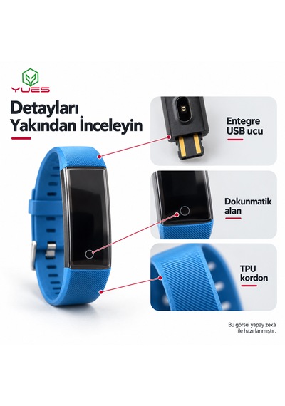 Yues Akıllı Bileklik Nabız Ölçer Adım Sayar Uyku Takipli Mavi