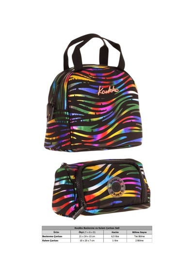 Kaukko Shine Zebra Desenli Siyah Çok Renkli Kız Çocuk Beslenme Çantası Ve Kalem Çantası Seti Siyah