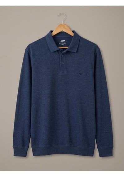Maccali Erkek İndigo Büyük Beden Polo Yaka Battal Sweatshirt