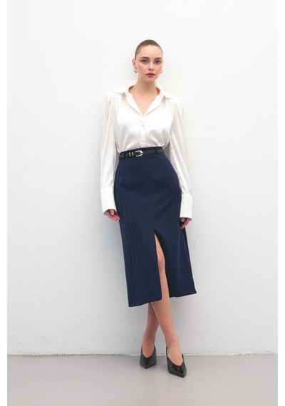 Sateen Anna Yırtmaçlı Etek - Lacivert-137175 Lacivert