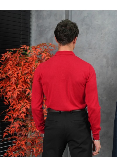 Modefendi Slimfit Kalıp Pamuk Likra Düğme Detaylı Triko Kazak Kırmızı