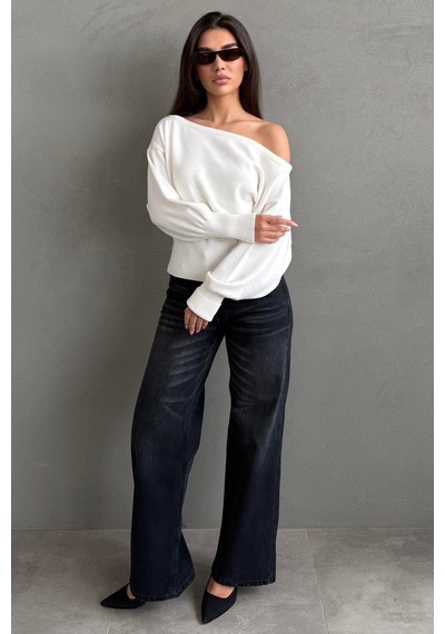 Madmext Ekru Ribbed Asimetrik Kesimli Kadın Kazak Mg2744