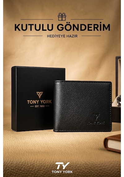 Tony York Orijinal Erkek Özel Kutulu Klasik Cüzdan Lüks Yumuşak Deri Kartlık & Para Bölmeli Kartlıklı Cüzdan siyah