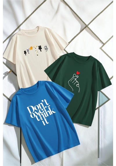 Uyguntarz Unisex Bej Mavi Yeşil 3'lü Tasarım Tshirt Seti Çok Renkli