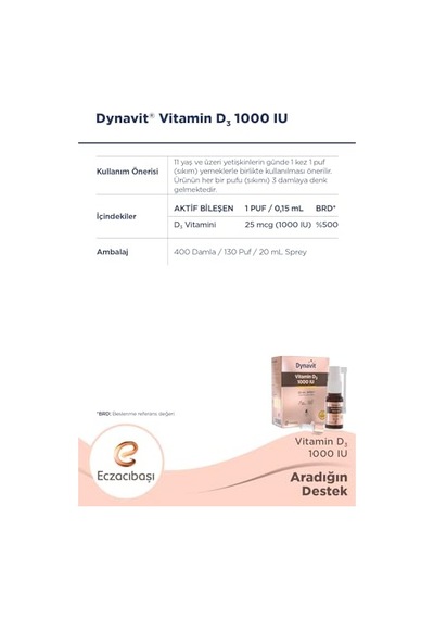 Dynavit Vitamin D3 1000 Iu 25mcg 20 Ml Sprey - Bağışıklık & Kas & Kemik - D3 Vitamini