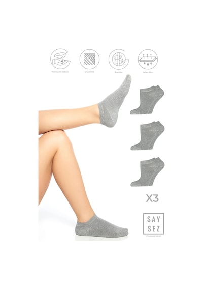 Saysez Bambu Kadın Patik Düz Gri Melanj Çorap Dikişsiz Premium 3'lü Paket Renkli