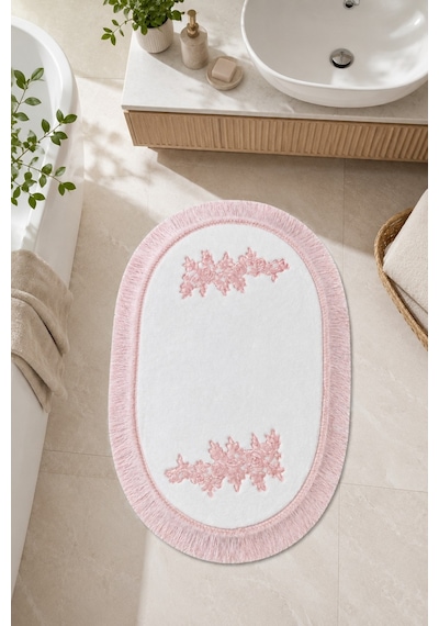 Pudra Dantelli Kaymaz Deri Tabanlı Oval Banyo Paspası Püsküllü Yıkanabilir Banyo Takımı Regio