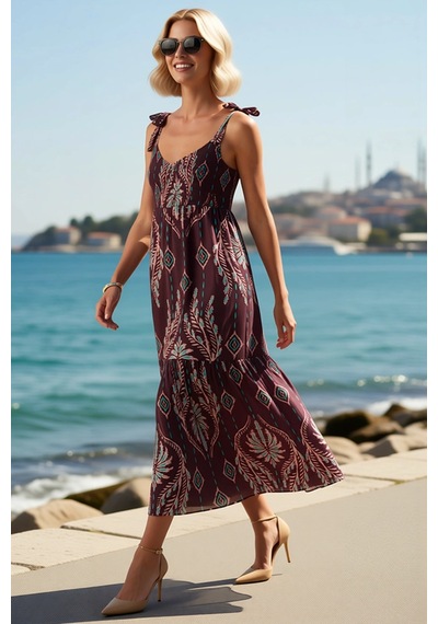Benerly Kadın Şal Desen V Yaka İnce Askılı Şifon Maxi Elbise Belden Açıla Kahverengi Benerly Kadın Şal Desen V Yaka İnce Askılı Şifon Maxi Elbise Belden Açıla Kahverengi