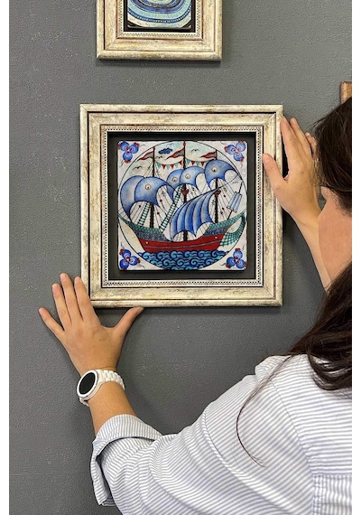 Oscar Stone Decor Çerçeveli Tablo Taş Duvar Dekoru 30 X 30 Cm Çini Seramik Gemi Figürlü Tablo Diğer