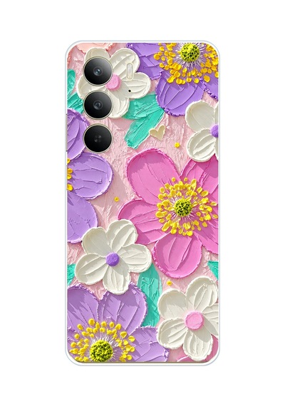 Realme C75 Uyumlu Mor Ve Pembe Papatya Baskılı Silikon Kılıf