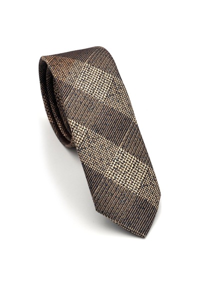 Gaffy Kahverengi Bej Verev Desenli Dokuma Kumaş Mendilli Slim Fit Kravat // SDK-240107 Kahverengi