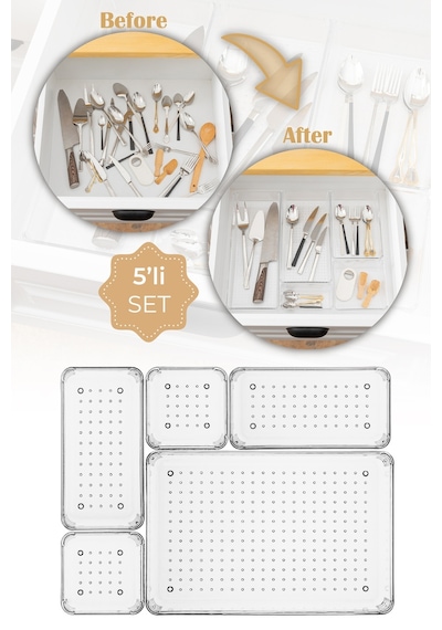 Vienev 5li Şeffaf Çekmece Içi Düzenleyici Organizer 1x O.dkdrtgn 2x K.dkdrtgn, K.kare