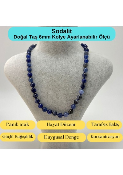 Yıldız Doğal Taş Sodalit Doğal Taş 6 MM Makrome Kolye 45 CM - 55 CM Ayarlanabilir Mavi