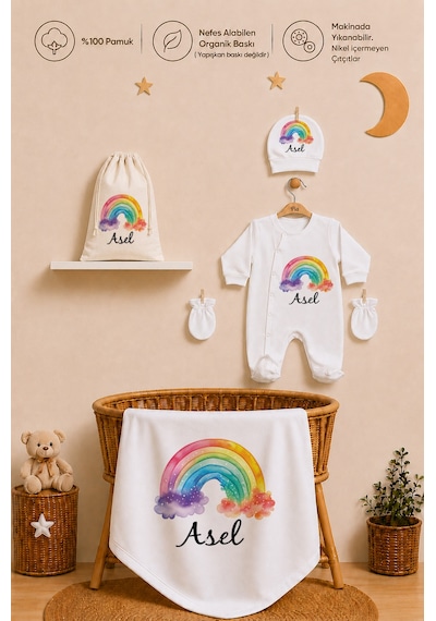 Pia Baby İsme Özel Kız Bebek Hastane Çıkışı Battaniyeli Tulum Seti %100 Pamuk Ham Bez Kıyafet Kesesi Yenidoğan Bebek Hediyesi 1019btk0x Ekru