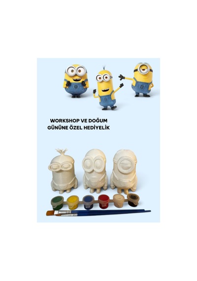 3d Minions Bob-kevin-stuart 3 Lü Set Figür Boyama Seti - Kendin Boya Hobi Ve Etkinlik Seti - Akrilik Boya + 6 Fırça