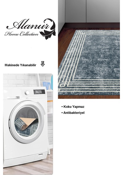 Dekoreko Kaymaz Taban Djt Mutfak Halısı Yıldız Deri Modern M5142 Mavi