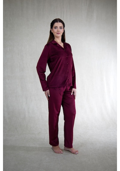 Estiva Kadın Önden Düğmeli Kadife Pijama Takımı Bordo